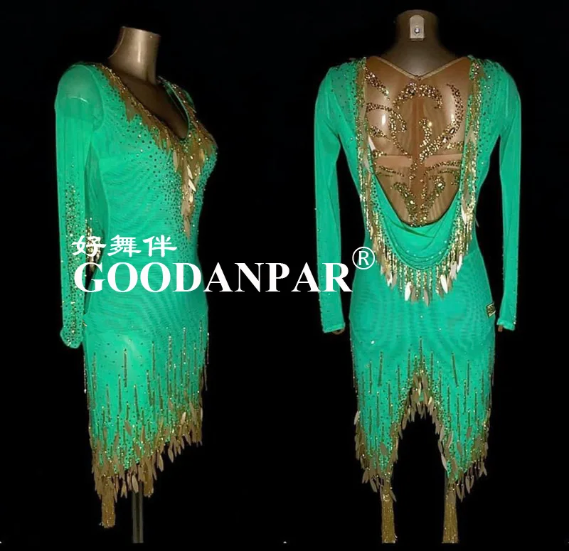 GOODANPAR  costume   Latin Dance Competition Dress Women with bodysuit bra cups Salsa Sexy lace beads tube fringes green