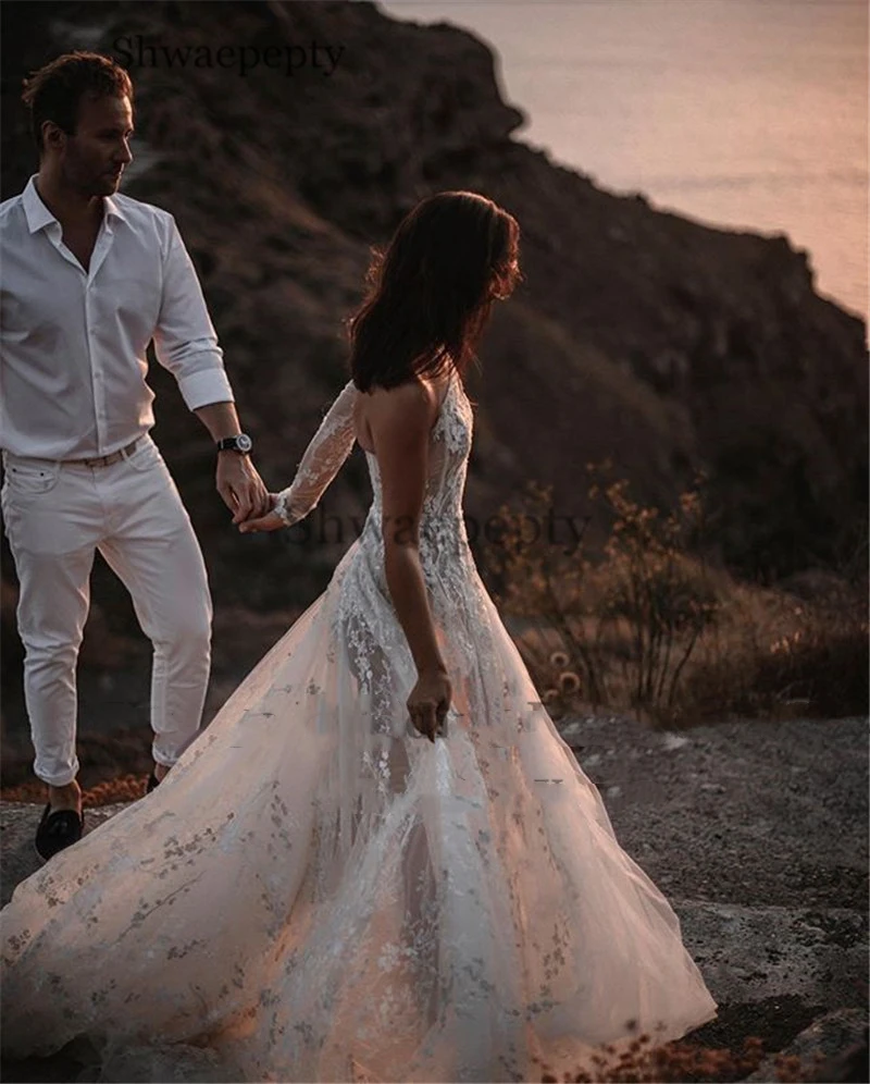 Vestido de novia largo bohemio para verano, encaje con traje Sexy de corte A, un hombro, ilusión, muslo, abertura lateral, para playa