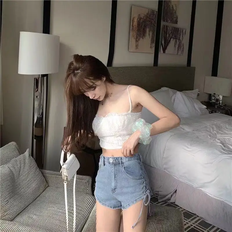 Fashion Short Hot Pants Women Sexy High Waist Jeans Shorts Girls Summer Look-Slim Stretchy Lace-up Light Blue Denim Club Shorts