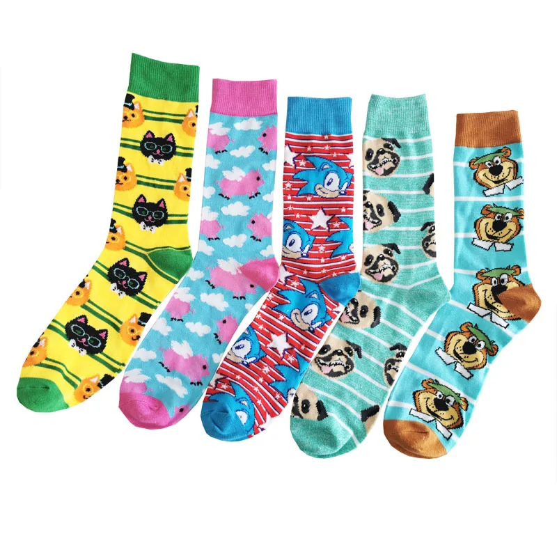 5 Pairs New Men's Cotton Socks Popular Brand Cool Cartoon Men's Socks Tube Socks