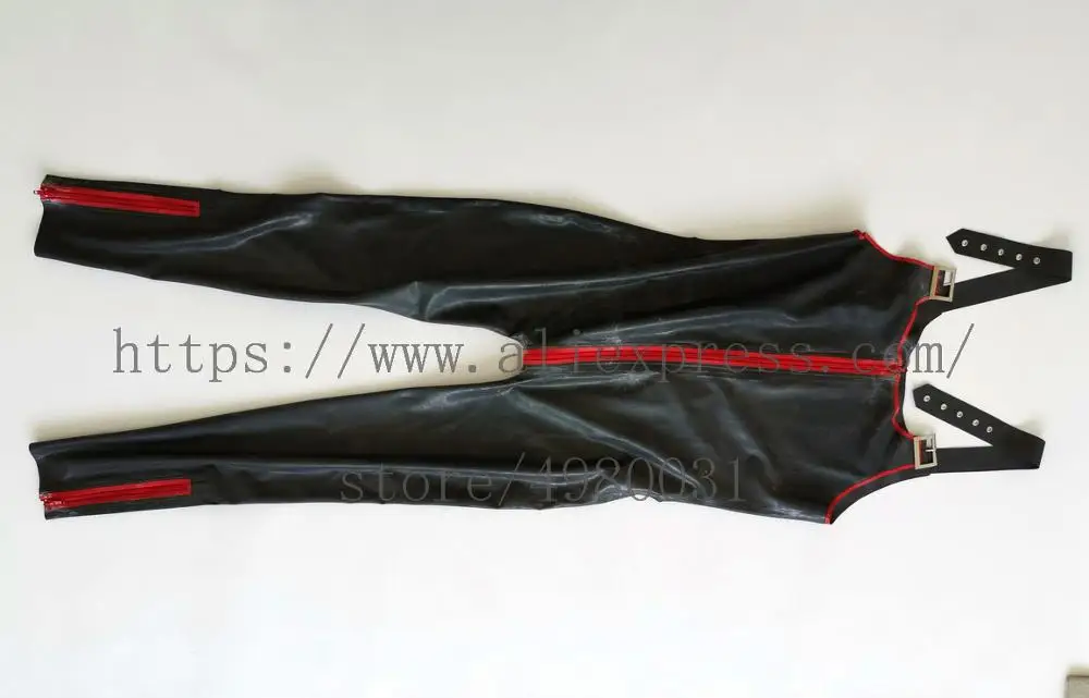 Made of 100% real latex suspenders catsuit attached feet zipper & front zip to back waist with red trims decoration