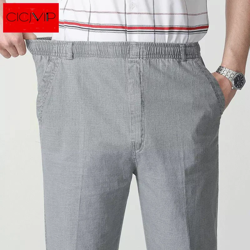 Pantalones informales de lino para hombre, pantalones de verano, cintura elástica fina, negocios, oficina, talla grande 5XL