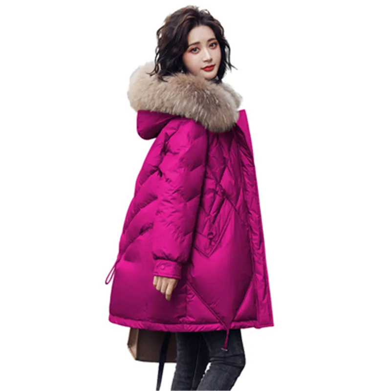 Large Natural Fur collar Hooded Winter Down Coat Women90%White Duck Down Jacket Thick Warm Parkas Female Outerwear Pure Color726