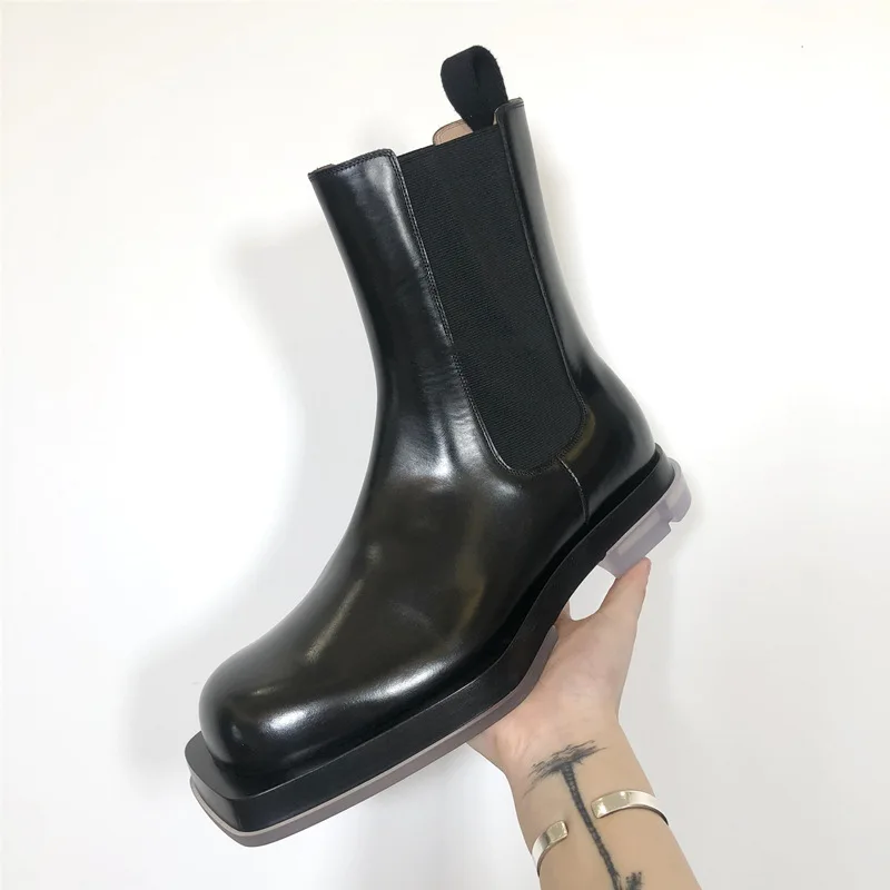 2024 nowy damski z kwadratowym noskiem Chelsea Boots gruba podeszwa kostek na platformie czarne jesienne Botas Mujer damskie obuwie wsuwane