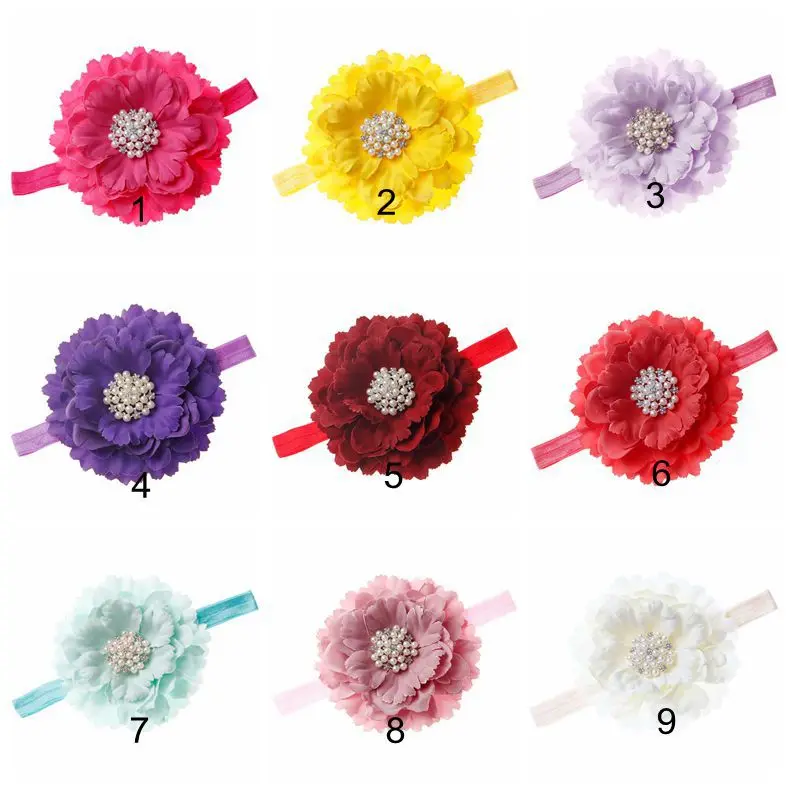 Nishine 18 Colors Kids Peony Flower With Pearl Rhinestone Button Headband Shiny Party Birthday Gift Hair Accessories Photo Shoot