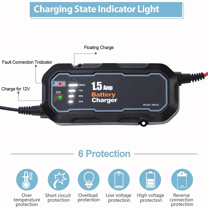 ELING Smart Motorcycle Battery Charger Maintainer 12V 1500mA Automatic Battery Trickle Charger with LED for Car/RV/ATV/Boat