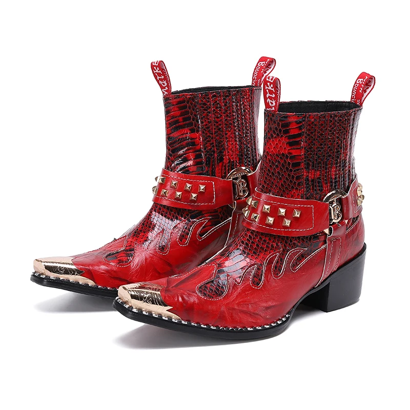 Batzuzhi Western Cowboy Men's Boots Rock Pointed Toe Iron Head Genuine Leather Ankle Boots Men Red Riding/Motorcycle Party Botas