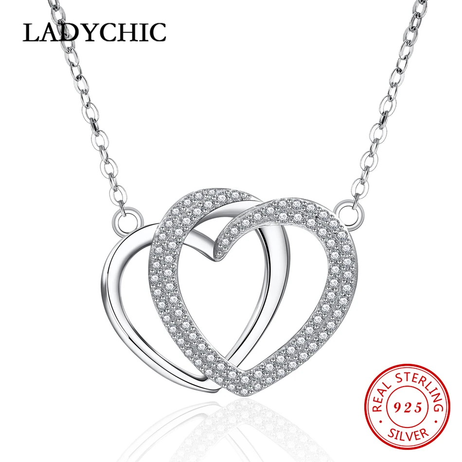 

LADYCHIC Genuine 925 Sterling Silver Eternal Love Double Heart Pendant Necklaces Women Promise of Love Fine Jewelry Gift LNS1018