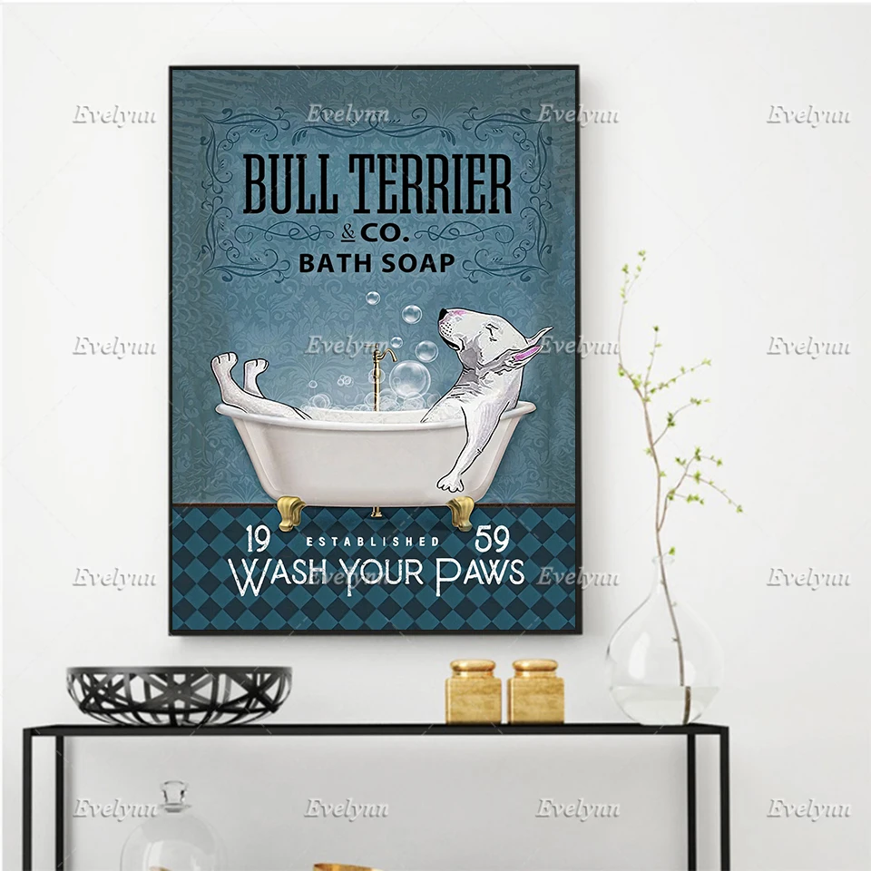 Bull Terrier & Co Bath Soap -White Dog Est 1959 Poster, Dog Lover Gift, Toilet Wall Art Prints Home Decor Canvas Floating Frame