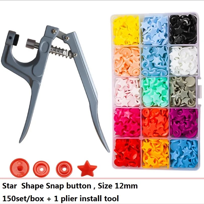 150set/box Flower Star Heart Shape T5 baby Resin snap buttons With plastic snaps Plier Press Stud Fasteners Poppers Tool Kit