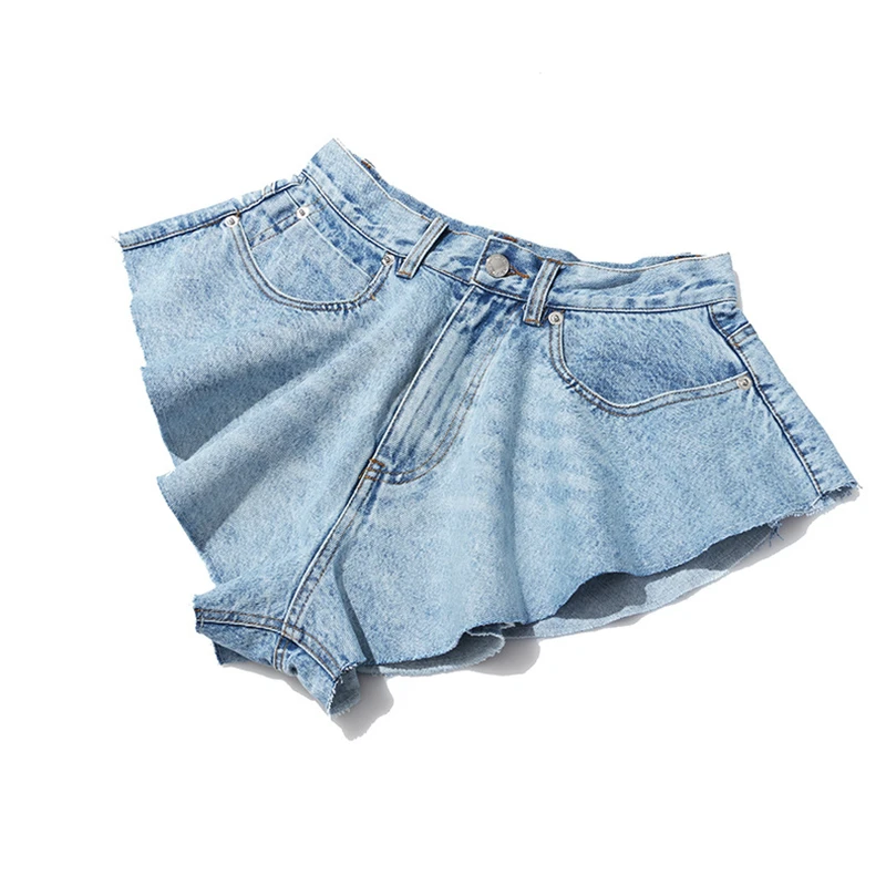 TWOTWINSTYLE Casual Denim Shorts Skirts High Waist Ruffle Hem Loose Ruched Short Pants Female Fashion Clothing 2021 Spring