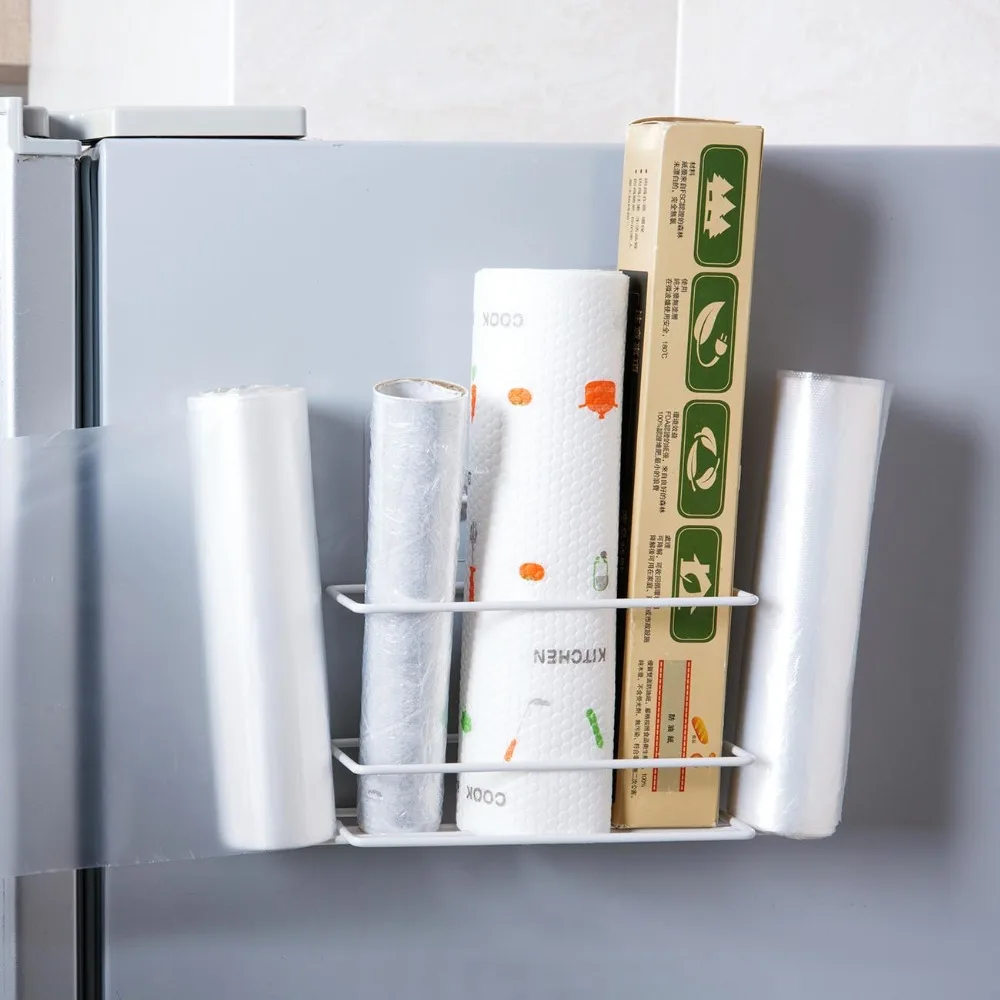 Iron Wall Mounted Kitchen Rack Shelf Fridge  Organizer Roll Paper Cling Storage   Film Holder Seasoning Bottle