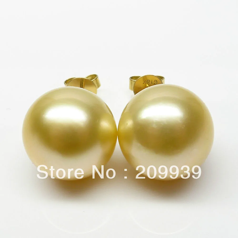 

BEAUTIFUL!GOLD!ROUND 11.85MM GENUINE SOUTH SEA PEARL 18K GOLD EARRING!STUD