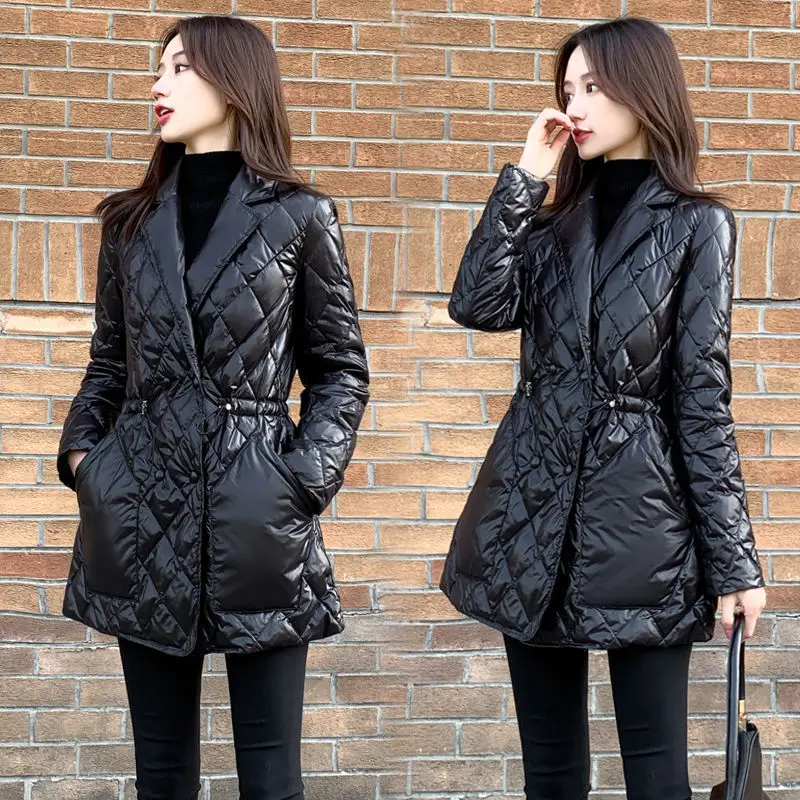 

2024 New Women's Cotton Coat Winter Jackets Parkas Black Glossy Suit Collar Drawstring Thin Light Warm Down Cotton Outwear 5XL