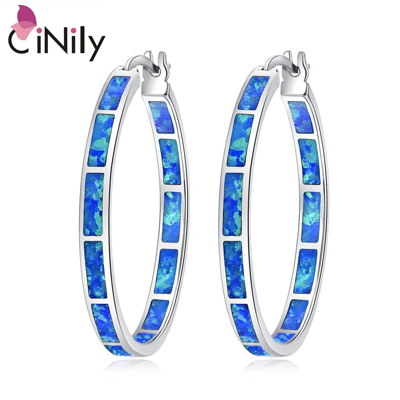 CiNily Blue Green Fire Opal Stone Hoop Earrings for Women Silver/Rose Gold Color Big Round Circle Hip Hop Punk Party Jewelry