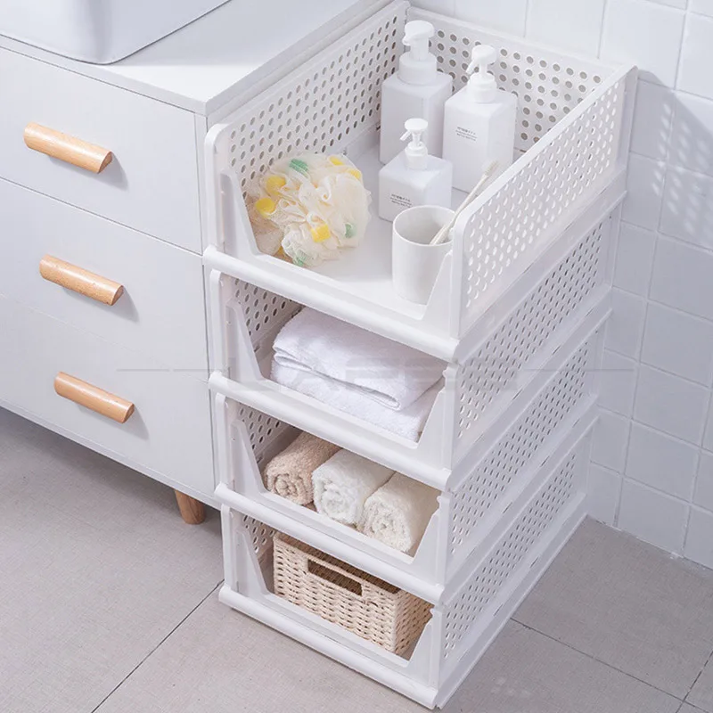 Folding Storage Rack Storage Basket Wardrobe Clothes Layered Partition Shelf Stackable Kitchen Toy Books Organize Storage Rack