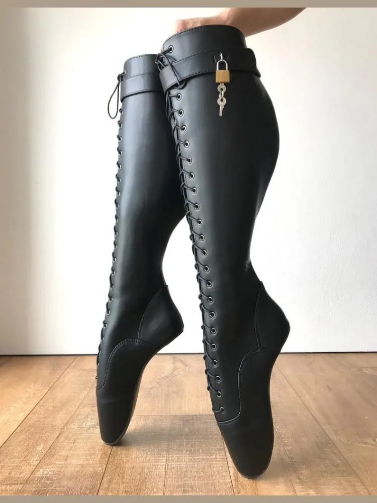 Black Sexy Ballet Shoes Heelless Knee High Boots Ballet Belt Lockless High Stretch Boots Large Size 46 Customed Botas Feminina