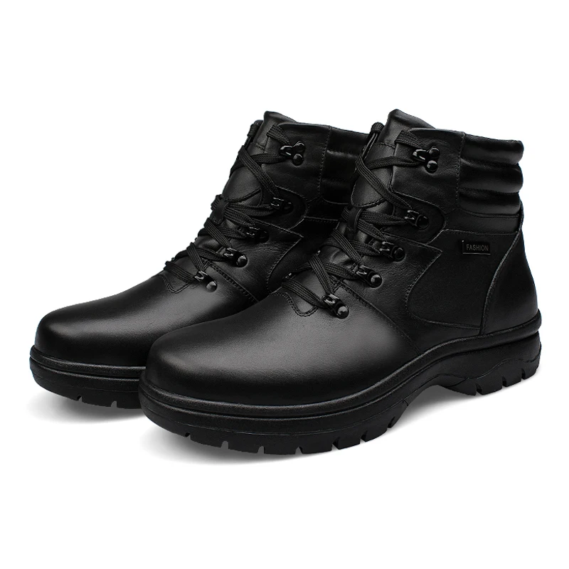 Winter Men Ankle Genuine Leather Boots Black Plush Warm Outdoor Shoes For Big Foot Plus Size 49 50 51 52 53 54