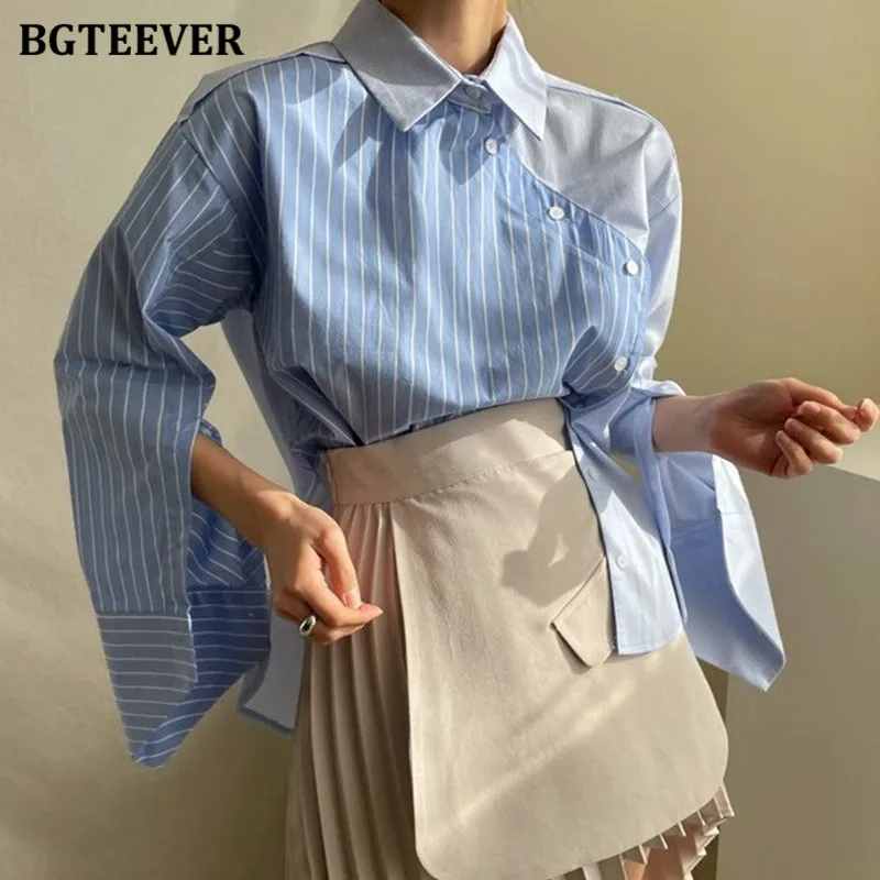 BGTEEVER Chic Turn-down Collar Patchwork Women Striped Shirts Long Sleeve Single-breasted Loose Female Blouses Casual Tops 2021