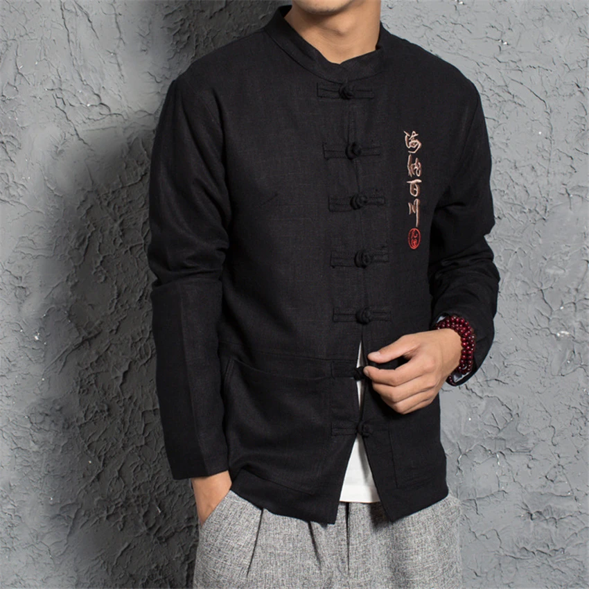 

Men Chinese Tradtional Costume Solid Color Embroidery Long Sleeve Jacket Vintage Harajuku Stand Collar Tang Suit Kung Fu Clothes