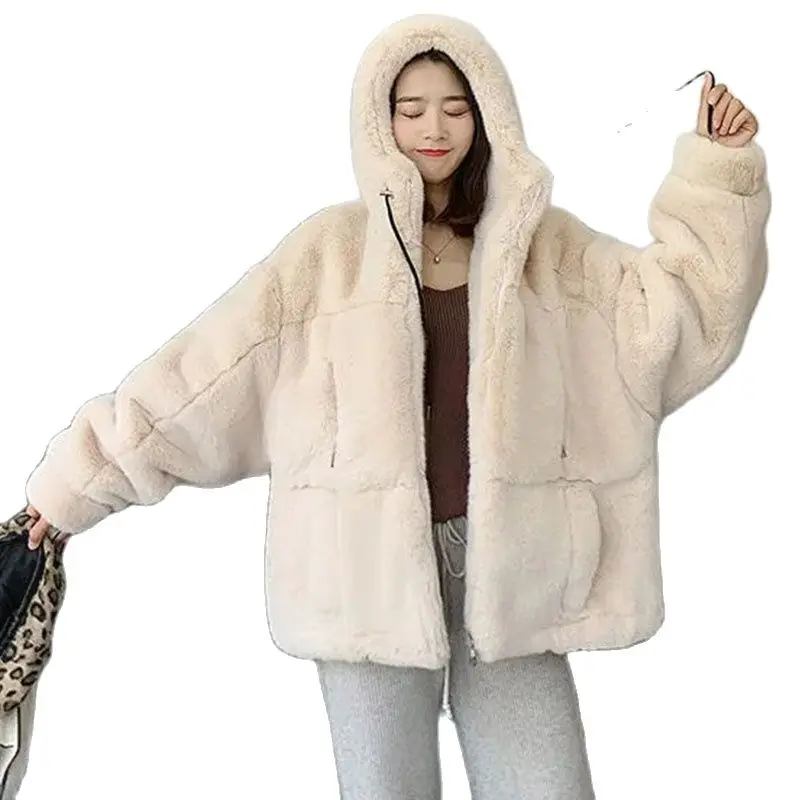 Women\'s Fur Jacket Famale Loose Faux Rabbit Fur Zip Hooded Thicken 2023 Winter Short Fur Coat Excellent Texture Thick Fur