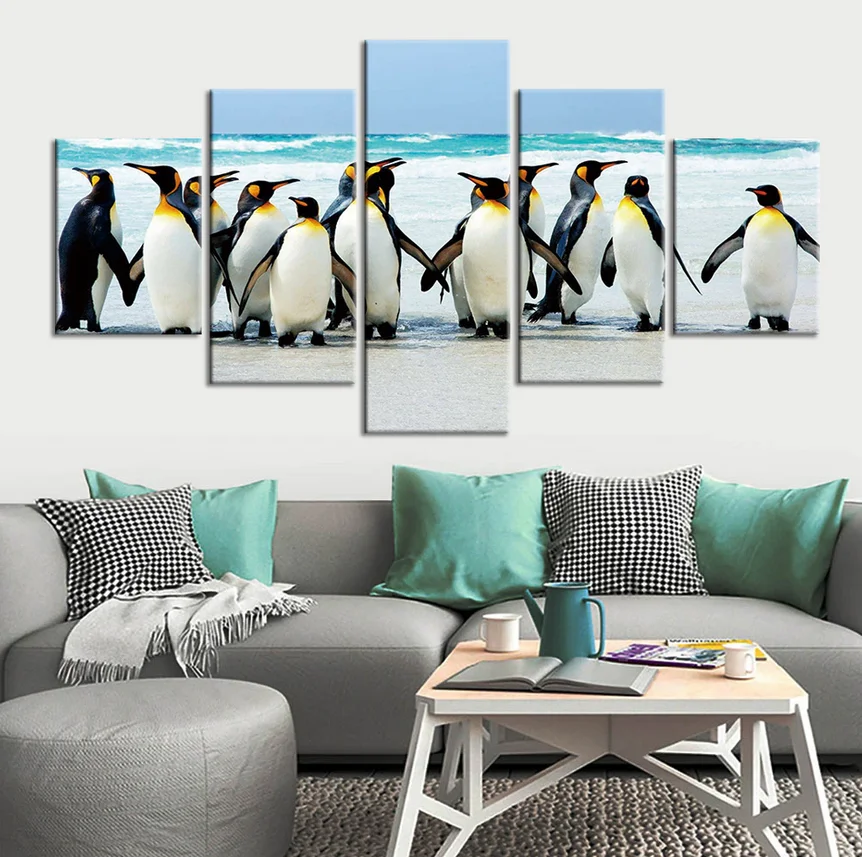 Penguins Poster Cool Feeling Fresh 5 Panel Canvas Picture Print Wall Art Canvas Painting Wall Decor for Living Room No Framed