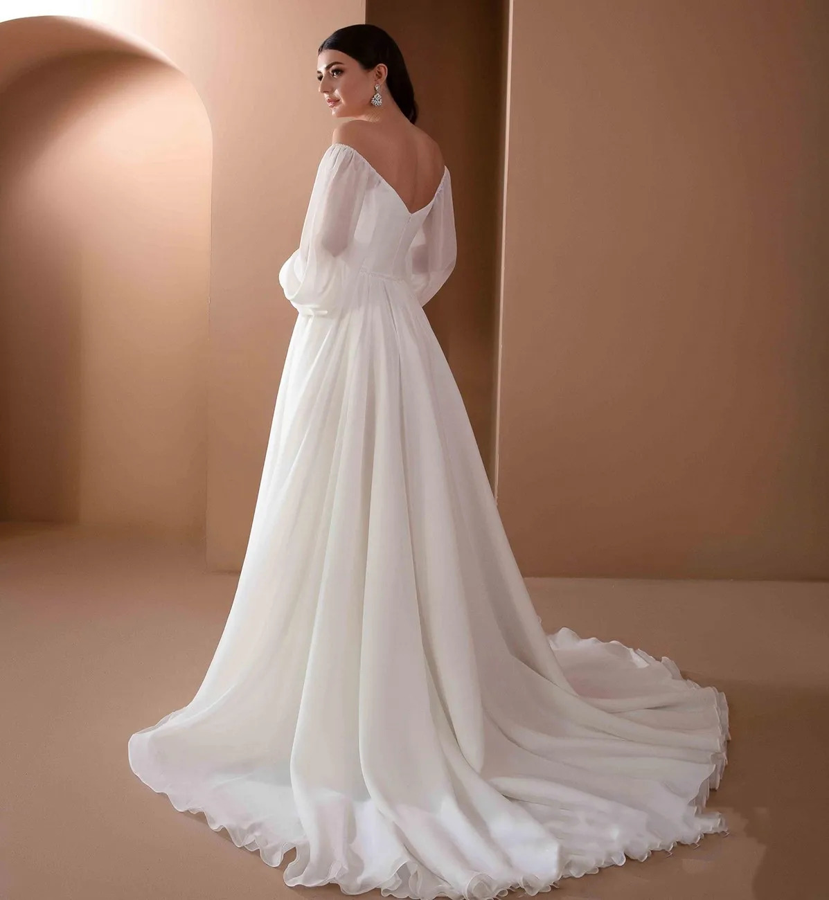 Off The Shoulder Chiffon Wedding Dress Beach 2024 Backless Long Puffy Sleeves Bridal Gown Vestidos De Noiva Robe Mariage