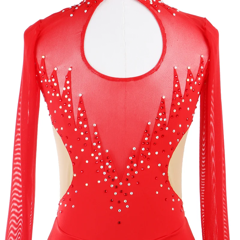 Custom Figure Skating Dress Red Cheongsam Ice Skating Clothes Shiny Rhinestones For Girl And  Woman