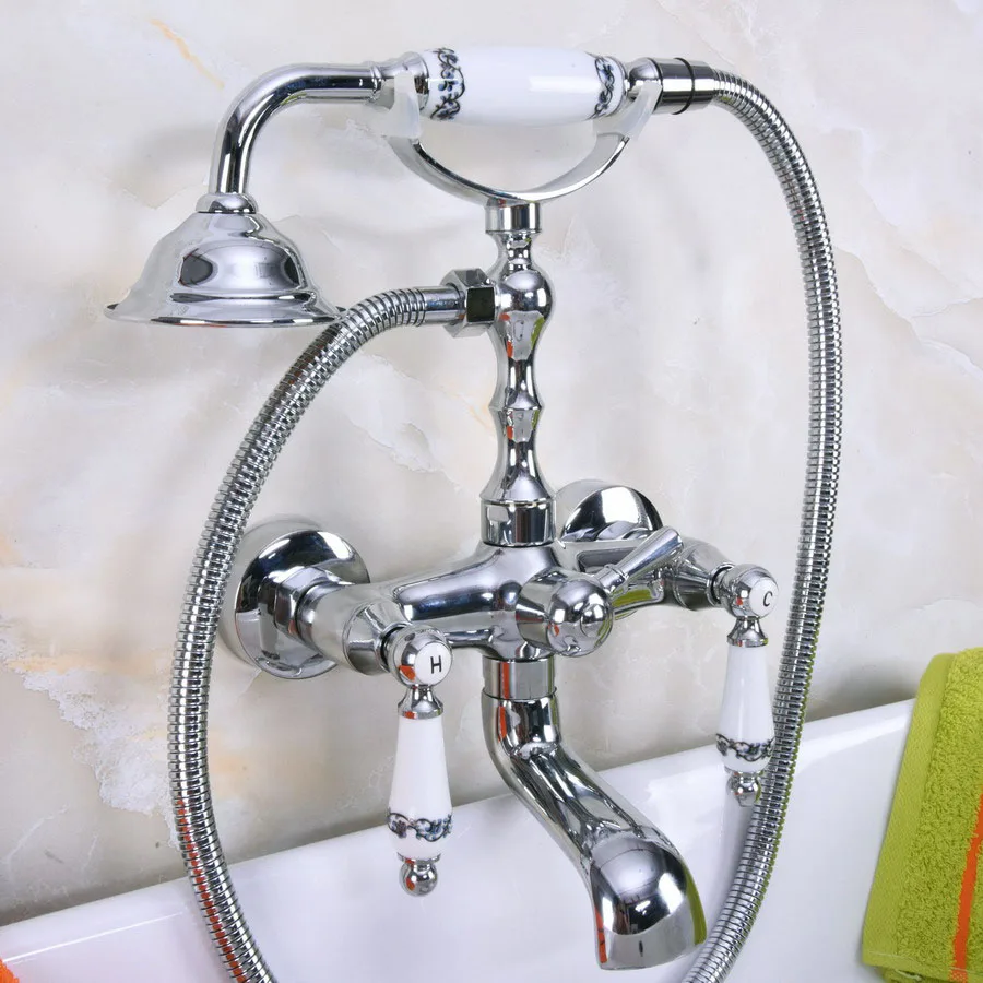 

Polished Chrome Bathtub Faucet Wall Mount Handheld Bath Tub Mixer System with Handshower Telephone Style zna204