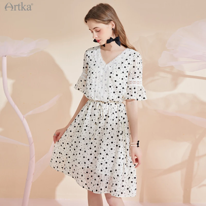 

ARTKA 2021 Summer New Women Dress Elegant Lace V-Neck Chiffon Dresses Ruffle Flare Sleeve Midi Floral Dress With Belt LA25312X