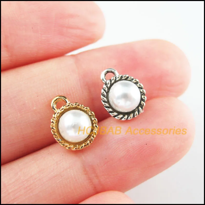 15Pcs Gold Tibetan Silver Tone Round White Acrylic Beads Charms Pendants 8.5x11mm