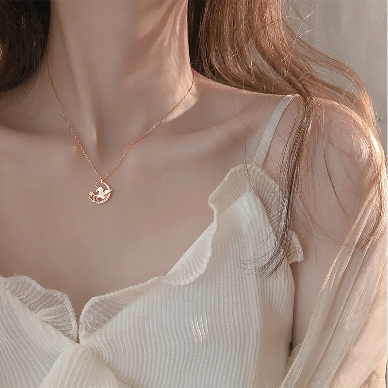 925 Sterling Silver Crystal Unicorn Charm Pendant Necklace For Women Wedding Romantic Jewelry Choker Collar Girls' Birthday Gift