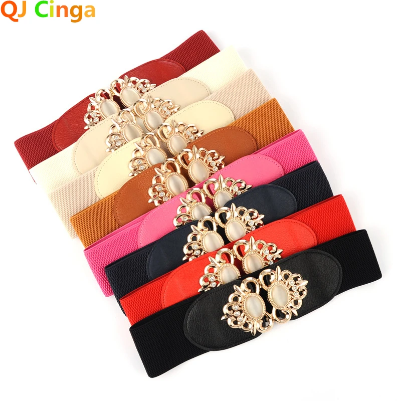 Women Elastic Wide Belt Thick Vintage Totem Print Stretch Leather Waist Belt for Dress Corset Cinch Waistband Cinturon