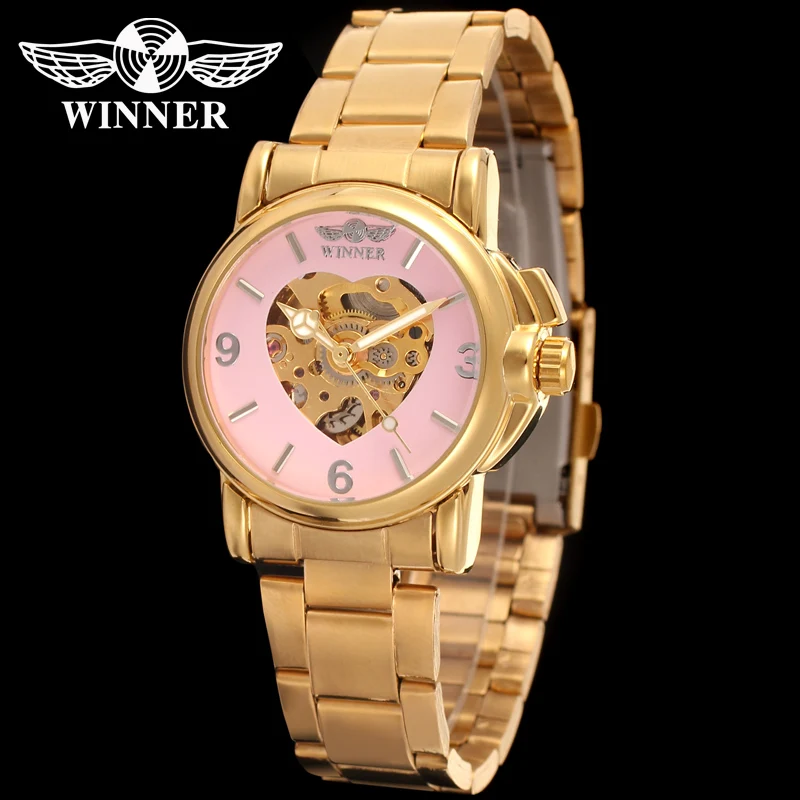 

WINNER Fashion trend women's watch pink hollow dial watch gold stainless steel strap automatic mechanical watches