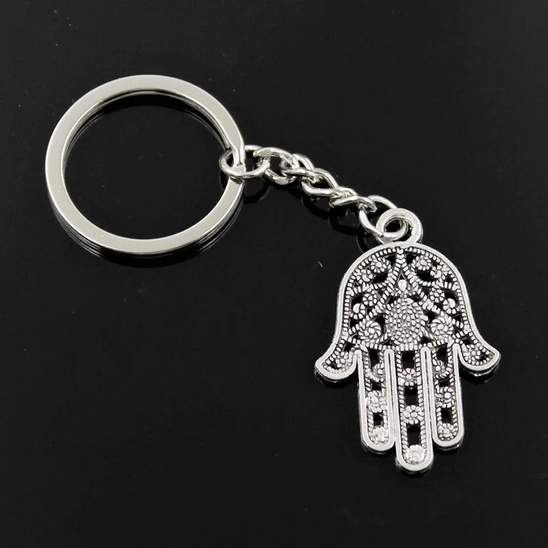 New Fashion Men 30mm Keychain DIY Metal Holder Chain Vintage Hamsa Palm Hand Protection 42x28mm Silver Color Pendant Gift