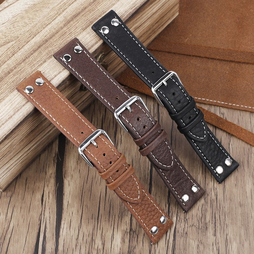 Genuine Leather Lychee Pattern Watch Band Black Coffee Brown Rivets Watchband Wrist Strap Belt Bracelet 18mm 20mm 22mm 24mm