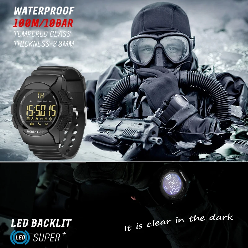 Men\'s Watch Military Water Resistant 100M NORTH EDGE Sport Watch Army Led Digital Wrist Stopwatches For Male For IOS Android