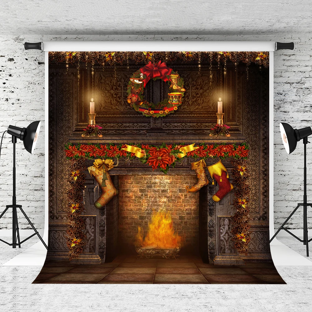 

VinylBDS Christmas Backdrops Fireplace Christmas Socks Photograpic Backgrounds For Children Brick Photoground Studio Backgrounds