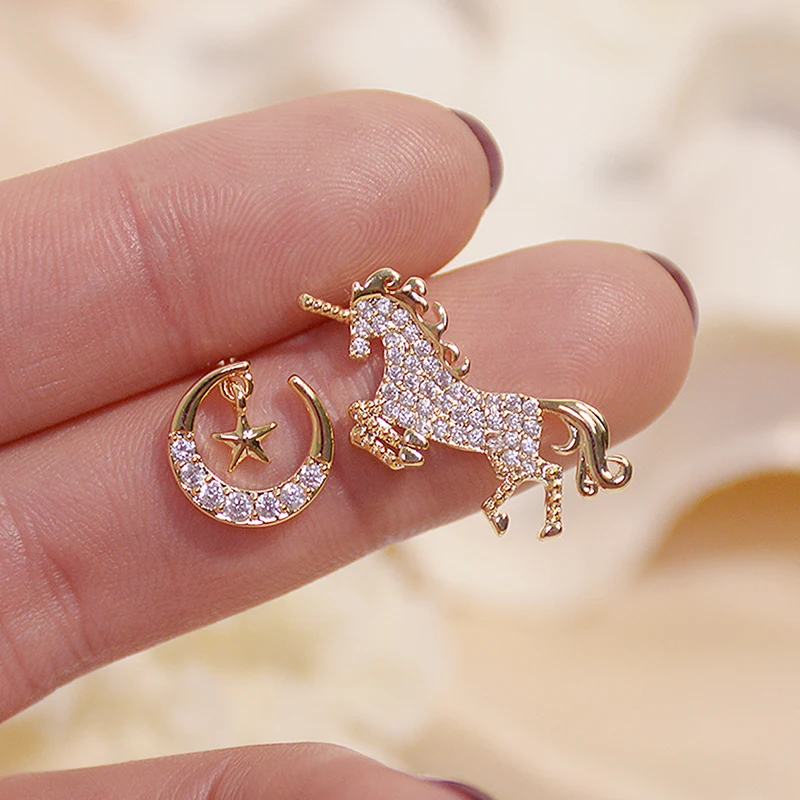 Korean Fasion Creative Asymmetry Unicorn Women Earrings AAA Bling Zircon Moon Star Stud Earring Wedding Jewelry for Bridal