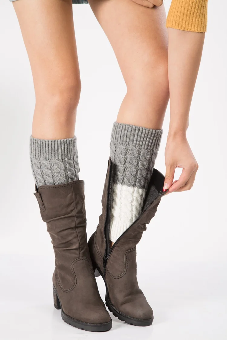 Women Knitted Winter Leg Warmer Knee Gloves Twist Color Block Patch Leg Wamer