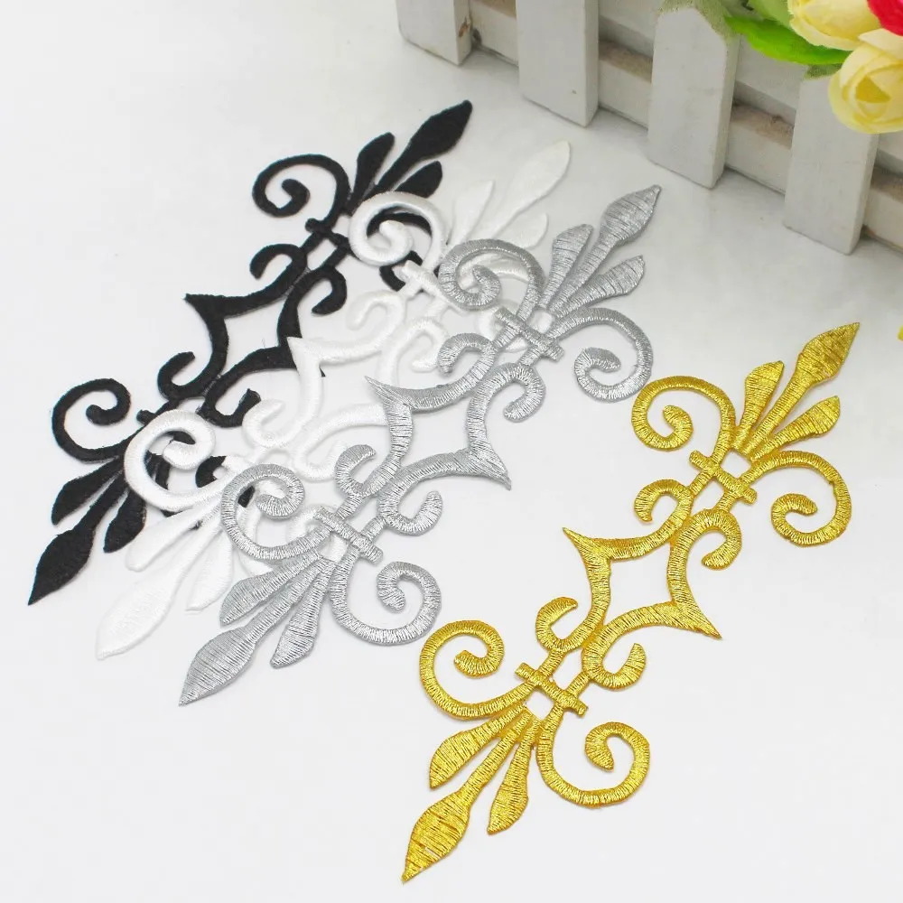 Gold Embroidery Patches Iron On Gold And Silver Applique Ironing Cosplay Costume Flowers Trims 17.5cm*6cm