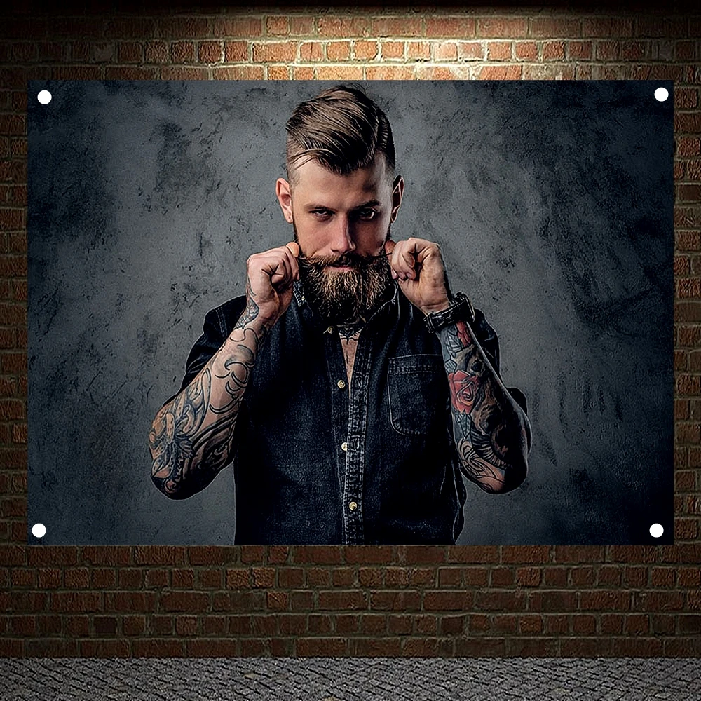 

Boxing men's styling Men Striped Short Hairstyle With Beard Tattoos Posters Tapestry Banner Flag Wall Art Barber Shop Decor B2