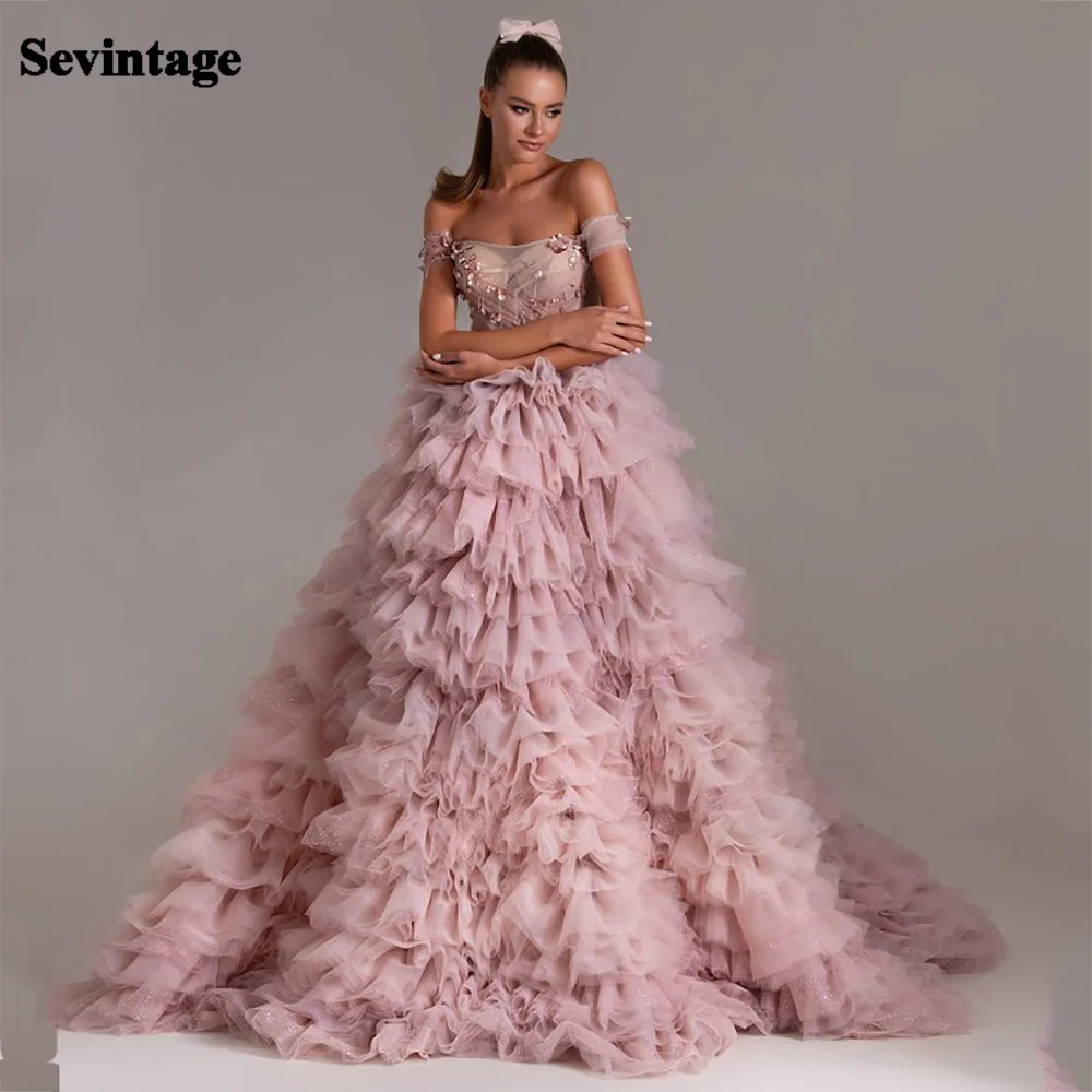 Sevintage Elegant Pink Tiered Evening Dress Crystal Beading Off the Shoulder Prom Gowns Sequined A-Line Evening Dresses