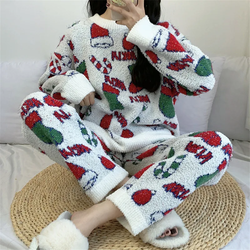 Lady Winter Warm Pajamas Set Cartoon Nightwear Christmas Sleepwear Coral Fleece Women\'s Pyjamas Flannel Pijamas Thicken Homewear