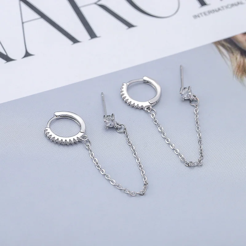 ANENJERY Micro Zircon Double Pierced Hoop Earrings For Women Creative Chain Earrings Party Jewelry