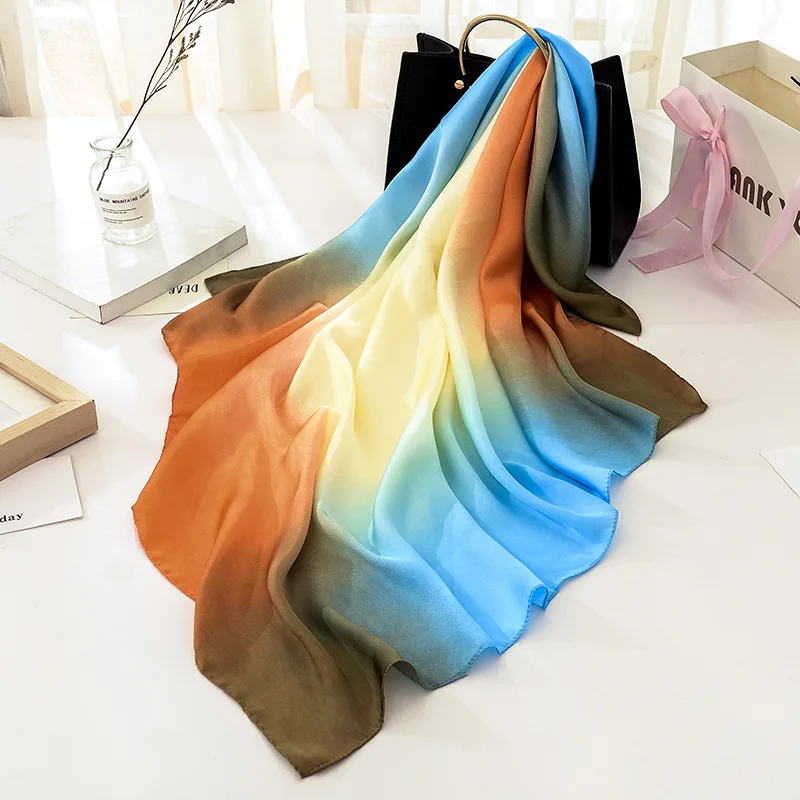 

New Fashion Silk Gradient Square Scarf 90*90cm Women Neck Hair Tie Band Bag Warp Soft Neckerchief Hijab Headscarf Foulard