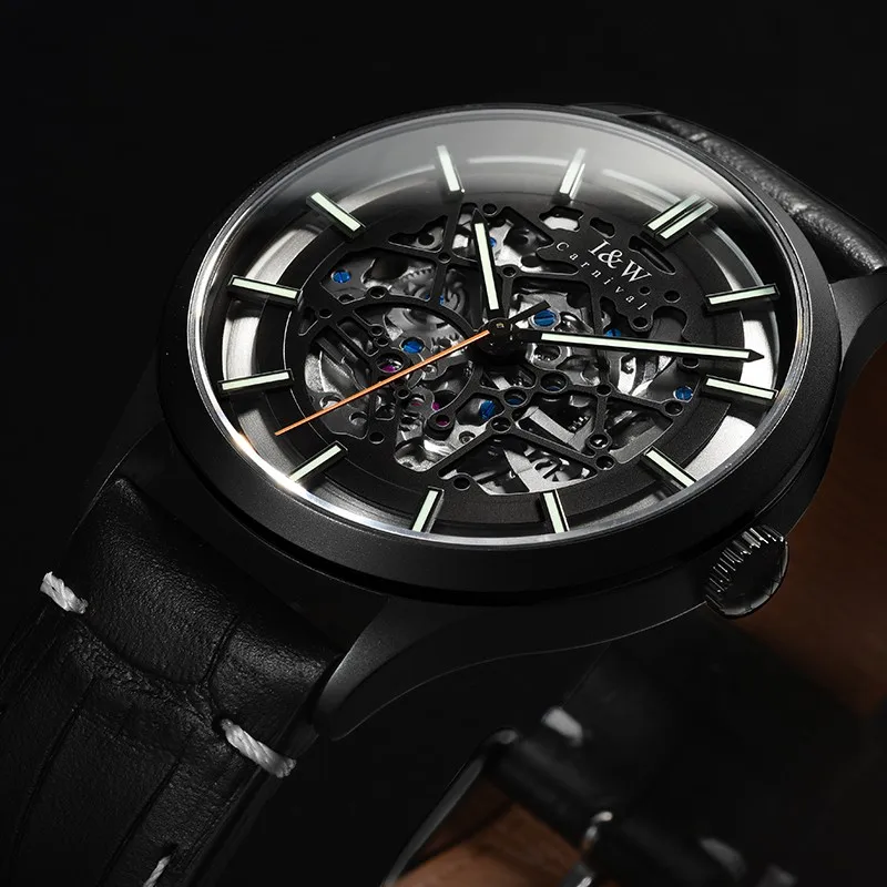 MIYOTA Movement Skeleton Watch Automatic Luxury Brand I&W Black Tourbillon Mechanical Watch Men Sapphire Luminous Leather Strap