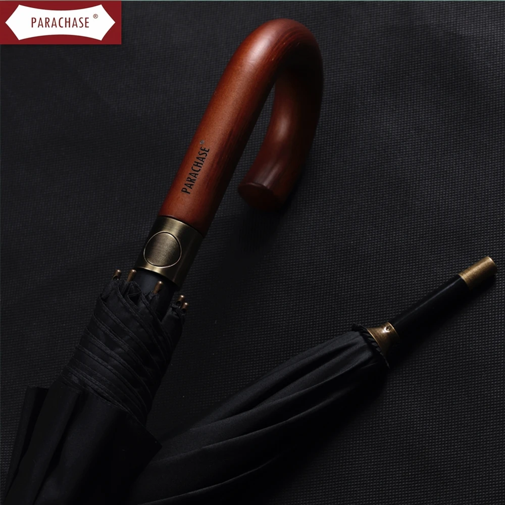 

PARACHASE-Straight Handle Long Umbrella for Men, Double Layer, Curved Handle, Wool, Business, Outdoors, Pongee Cloth, 122cm