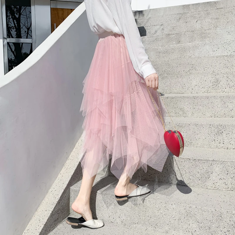 กระโปรงสตรี Tulle Faldas Mujer Moda 2020 แฟชั่น Elastic High เอวตาข่าย Tutu Maxi จีบยาว MIDI Saias Jupe ผู้หญิงกระโปรง