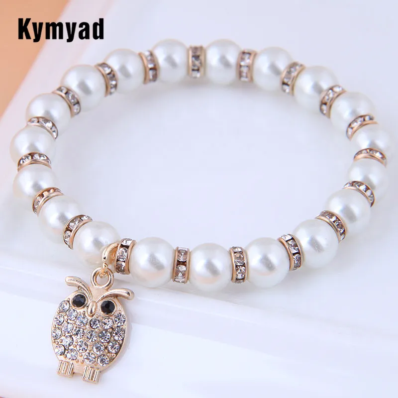 Kymyad Trendy Simulated Pearl Jewelry Bracelets For Women Bijoux Femme Crystal Owl Heart Charming Bracelet New Pulseras Gifts